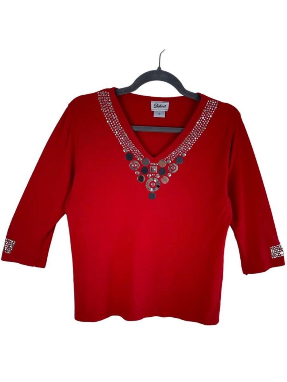 Distinct Red 3/4 Sleeve V-Neck Embellished Stretchy Pullover Blouse Size M‎